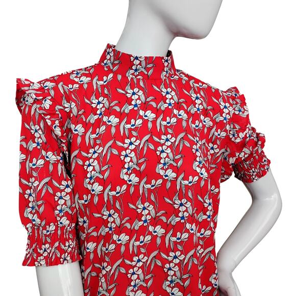 Vila Blouse Red with White Floral Print Size M/L Short Sleeve High Neck Ruffled - Picture 2 of 11